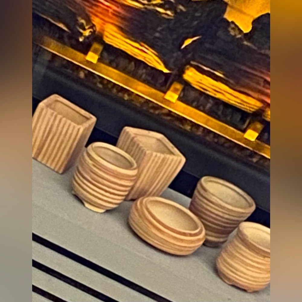 Clay Planters New Set-6 Small, Each Unique w/Holes in Bottom-Sand w/White Swirls